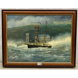Robert Sheader (British 20th century): 'Coupland 1861', The Sinking of the Schooner off Scarborough Spa, oil on board signed and dated 1990, 44cm x 59cm