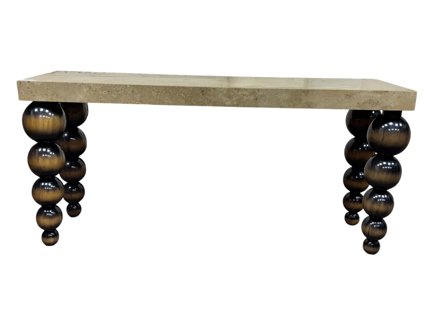 Bramley - contemporary Italian design Tivoli console table, marble top inset with gold crystals, supported by four stacked wooden supports in an antic brown lacquered finish