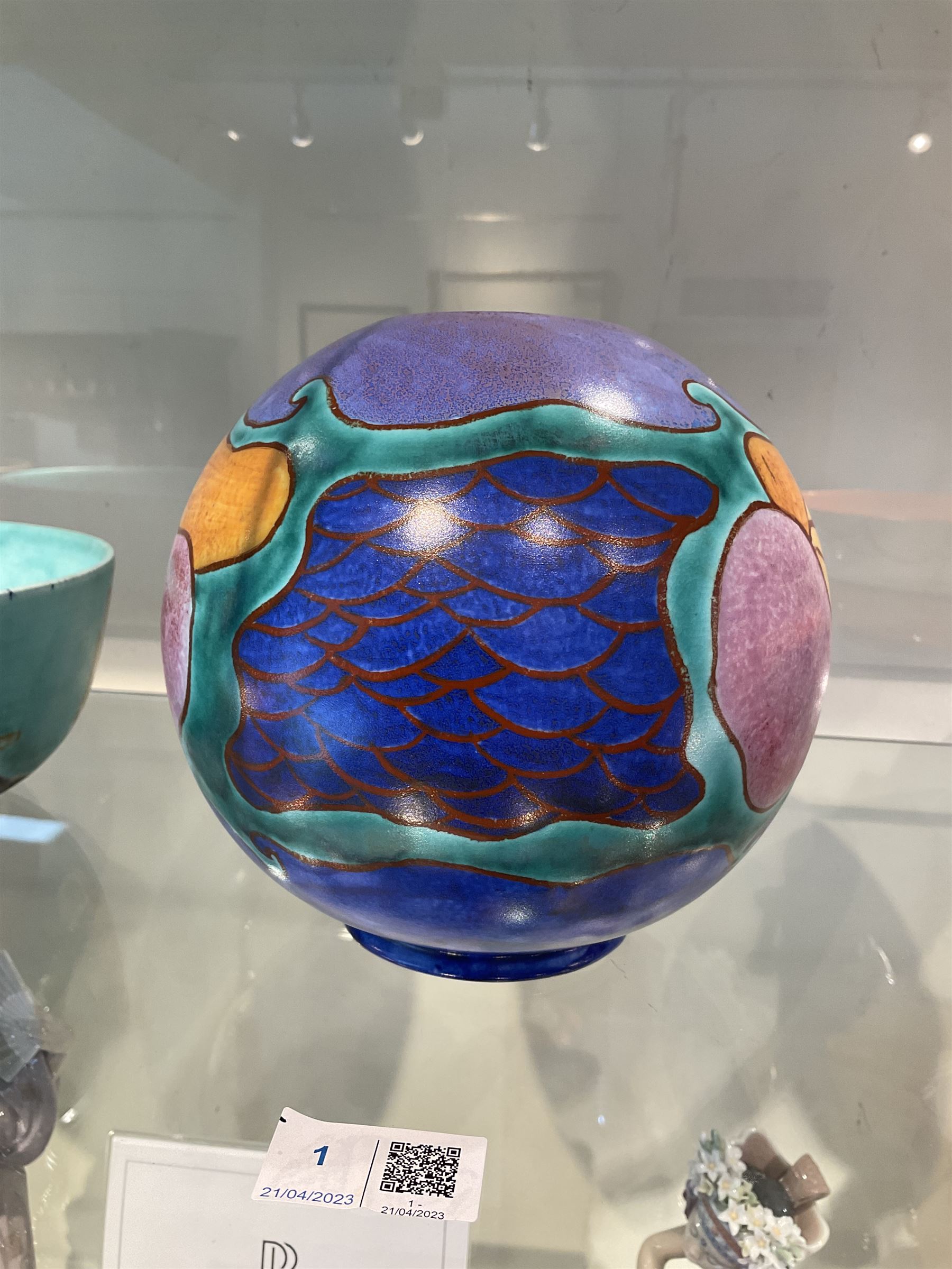Clarice Cliff Bizarre for Newport Pottery Inspiration Tresco pattern vase, the body of shape 370 globe form painted in yellow, orange, pink, purple, green and blue with stylised island and sea related motifs such as scales and seaweed, with painted and impressed marks beneath, H15cm