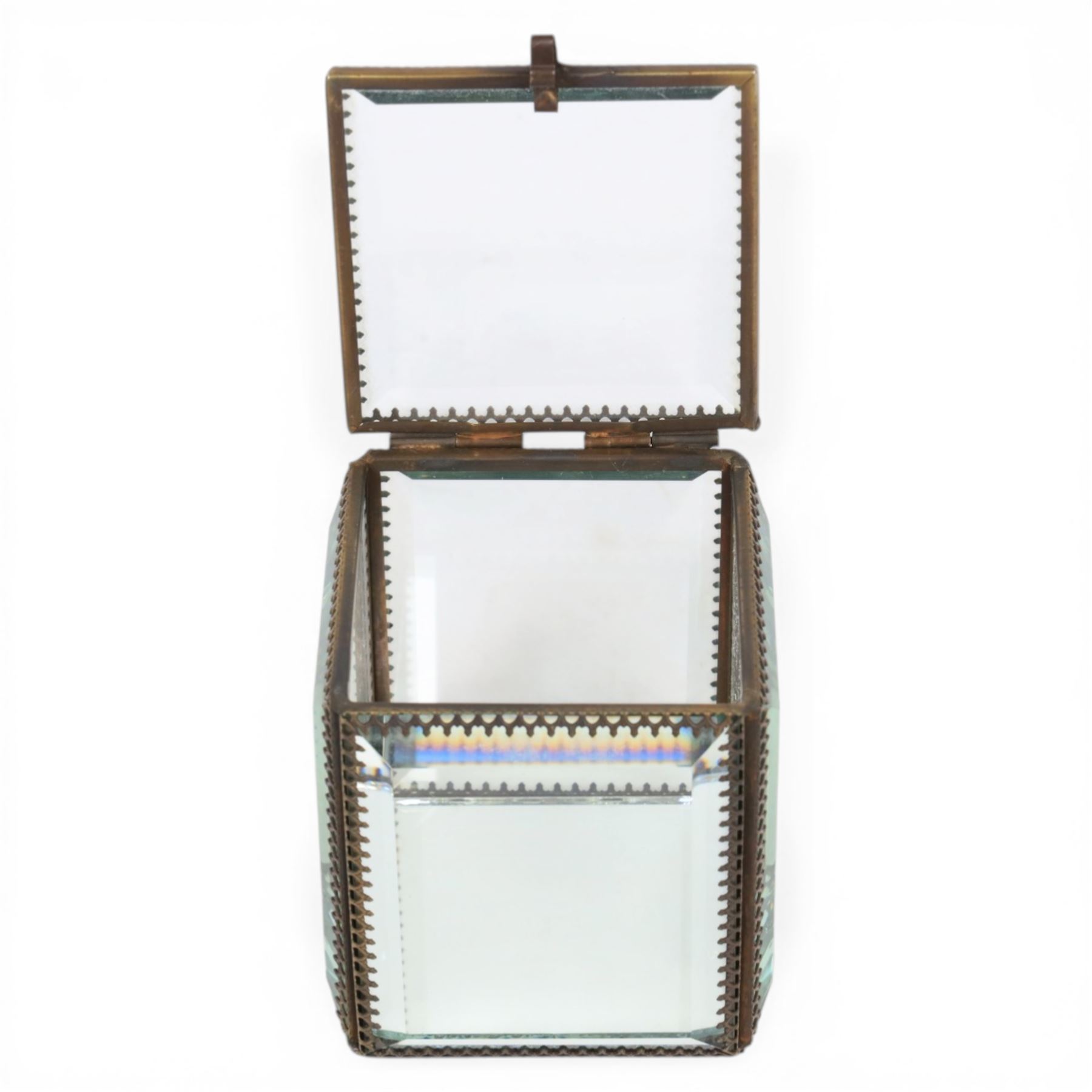 20th century French brass and  bevelled glass jewellery box, H12cm