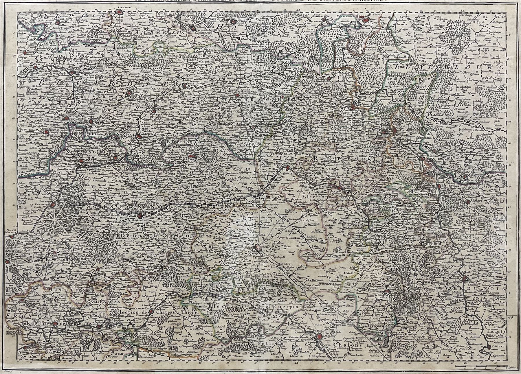 Guillaume Delisle (French 1675-1726): 'Carte de la Champagne et des Pays Voisins', 18th century engraved map, hand coloured, from an atlas pub. Covens and Mortier of Amsterdam c.1750, 52cm x 65cm
Provenance: with The Parker Gallery. Albermarle Street, London, label verso