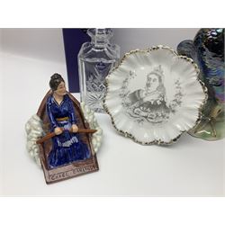 Nao figure of a lady '1042', commemorative Queen Victoria plate, pewter measures, Edinburgh crystal decanter with thistle decoration, Wood and Sons limited edition figure commemorating 150 years of the R.N.L.I numbered 321 of 5000 and a cockerel figure