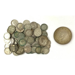 King George VI 1937 crown coin, various other pre 1947 silver coins and a small number of pre 1920 threepence pieces