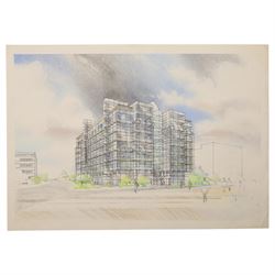 J H McCoy (20th Century): Architectural perspective of Moscow, watercolour heightened with white signed and dated 1989; John S Robinson (British 20th Century): Architectural perspective of a London Building, gouache signed; Architectural perspective of Imperial Chemical Industries Headquarters Slough and an angular interior, two mixed medias unsigned max 54.5cm x 48.5cm (4) (unframed)