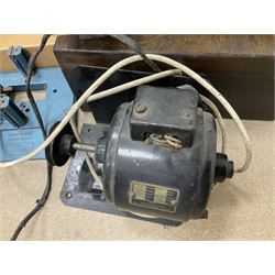 Six shelved cabinets for displaying ‘00’ gauge locomotives comprising plain plywood and white painted examples with track applied to various shelves, largest H63cm, W107cm, D27cm; Collection of tools for building model locomotives to include Weller PU-2D Soldering Pencil and Standard Tip Soldering Iron 20W/230V, Humbrol Modellers Airbrush, Power Supply Units and two wooden chests one of which housing a collection of tools including tweezers, scalping tools, wrenches etc 