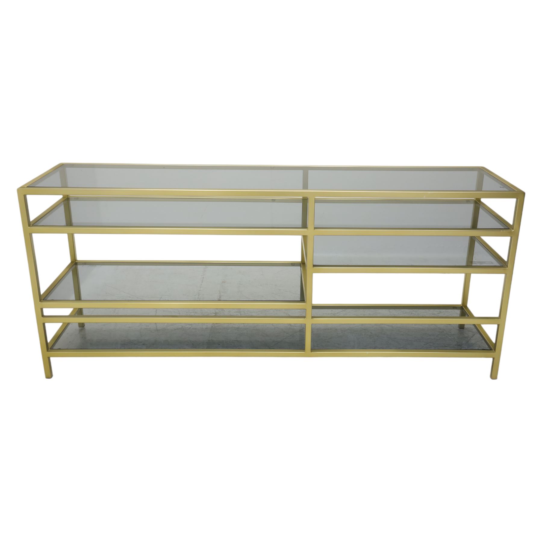 Modern glass and gilt metal media stand, rectangular smoked glass top panel set within a gilt finished metal surround, raised on square section legs, the underside fitted with a full-width glass shelf