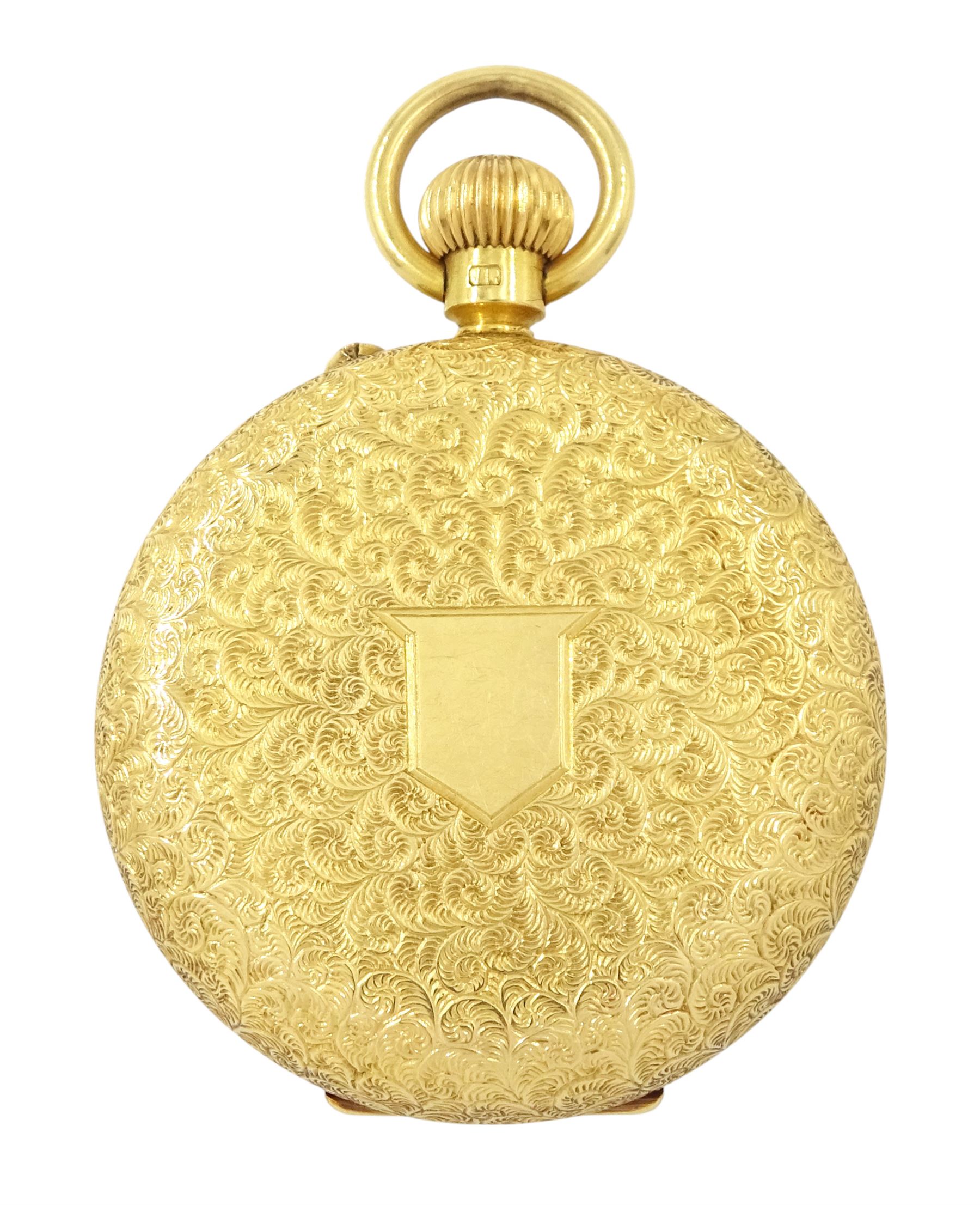 Victorian 18ct pocket open face keyless lever fob watch by Andrew King, Hull, No. 193921, white enamel dial with Roman hour markers, engraved foliate case with cartouche by Rotherham & Sons, Birmingham 1898