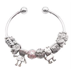 Pandora silver open bangle bracelet with nine silver Pandora charms and two stoppers, all stamped 925 ALE