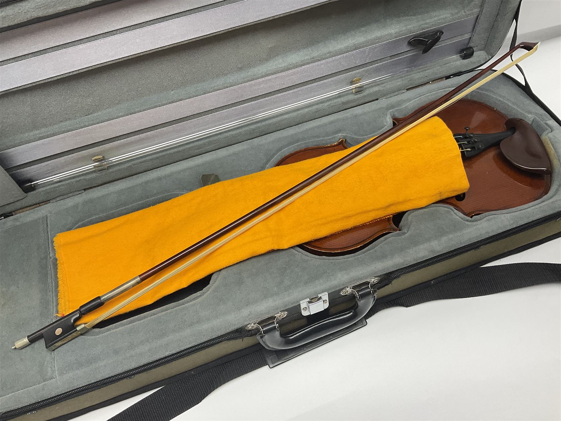 Early 20th century French Mirecourt violin with 35.5cm two-piece maple back and ribs and spruce top; bears label 'The Garrodus Violin H & Co No.1587 Anno 1912' L59cm overall; in modern fitted case with bow