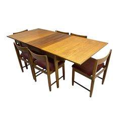 Bath Cabinet Makers BCM - mid-20th century teak extending dining table with butterfly action leaf, on shaped tapering supports (198cm x 92cm x 94cm), BCM - set six teak dining chairs with bar back and upholstered seats (48cm x 45xm x 73cm)