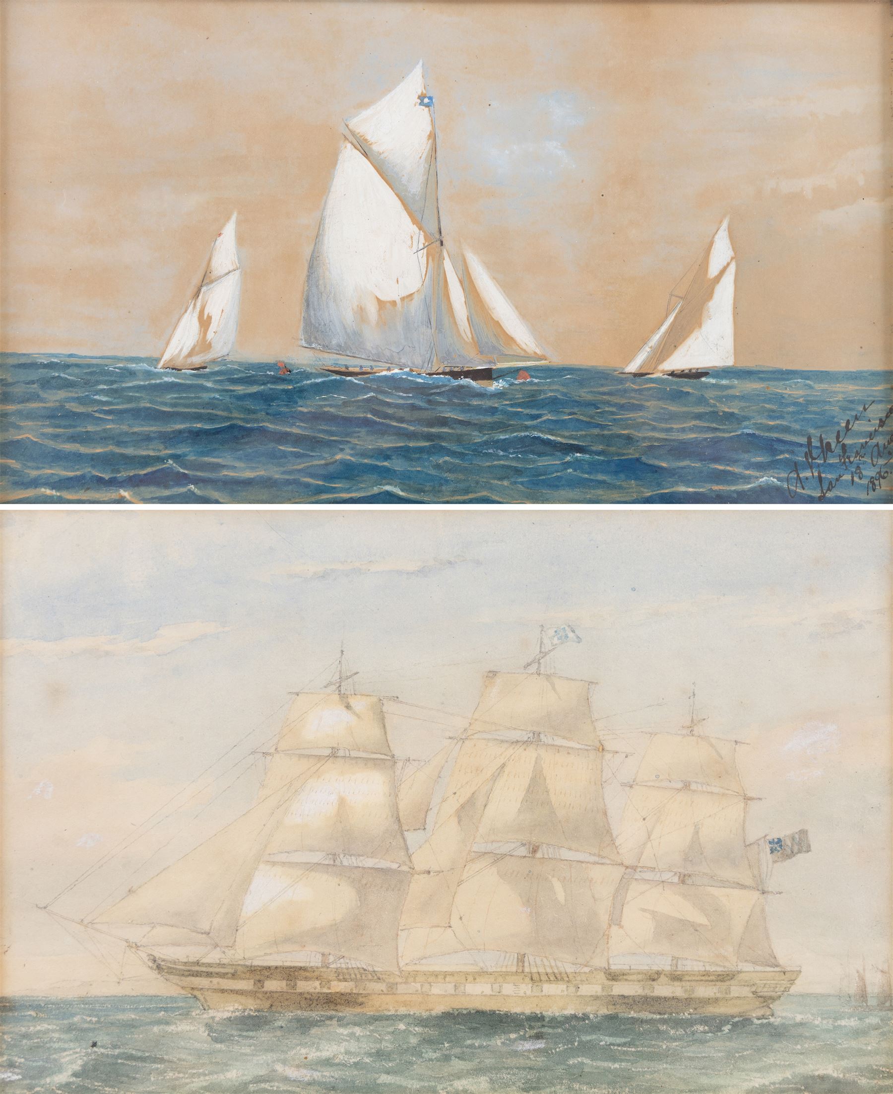 American School (19th century): Racing Yachts, watercolour and gouache indistinctly signed and dated San Francisco 18th August 1896, 22cm x 38cm
English School (19th century): 'Mr Green's Ship 'Agamemnon' with Troops for India 1857, watercolour unsigned 16cm x 24cm (2)