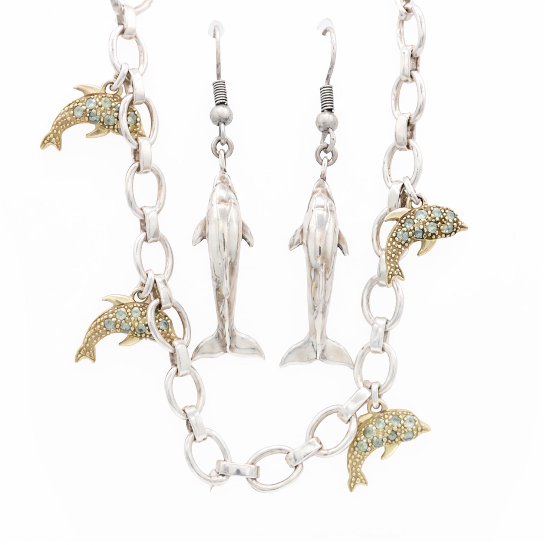 Silver oval link bracelet, with five 9ct gold Russian alexandrite set dolphin charms and a gold clasp, stamped 10K and a pair of silver dolphin earrings