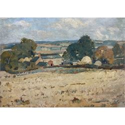 Modern British (20th century): Landscape with Farm, oil on canvas possible signature lower left 45cm x 60cm