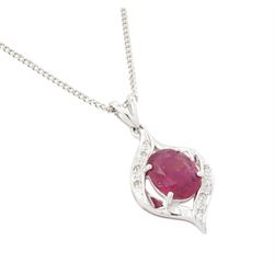 
18ct white gold ruby and diamond pendant necklace, single oval cut ruby of approx 2.50 carat, with single cut diamond surround, on a flattened curb link chain necklace