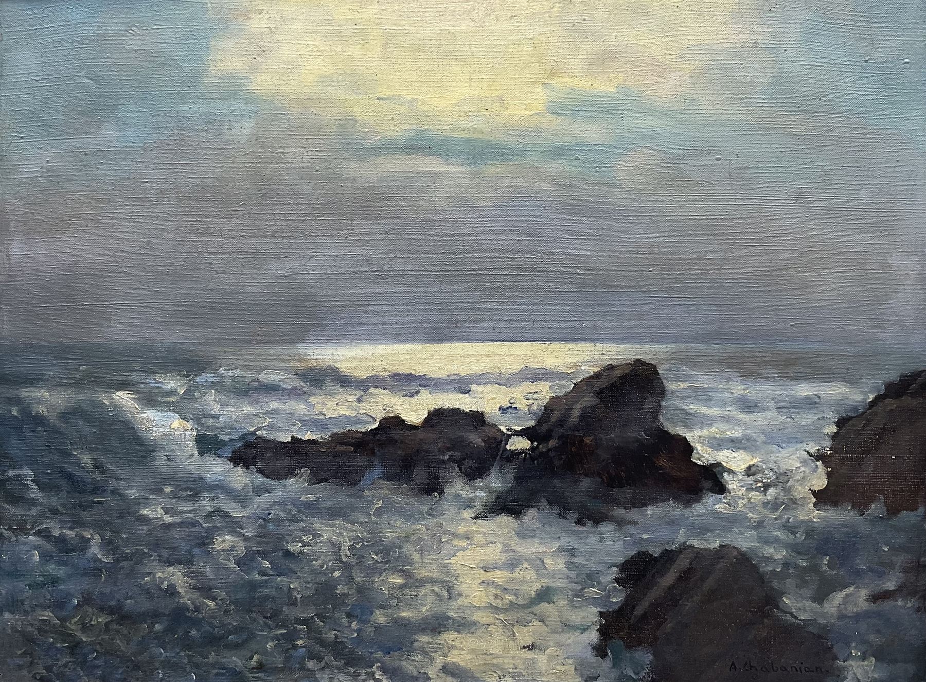 Arsene Chabanian (Armenian 1864-1949): Rocky Coastal scene by Moonlight, oil on canvas signed 45cm x 60cm