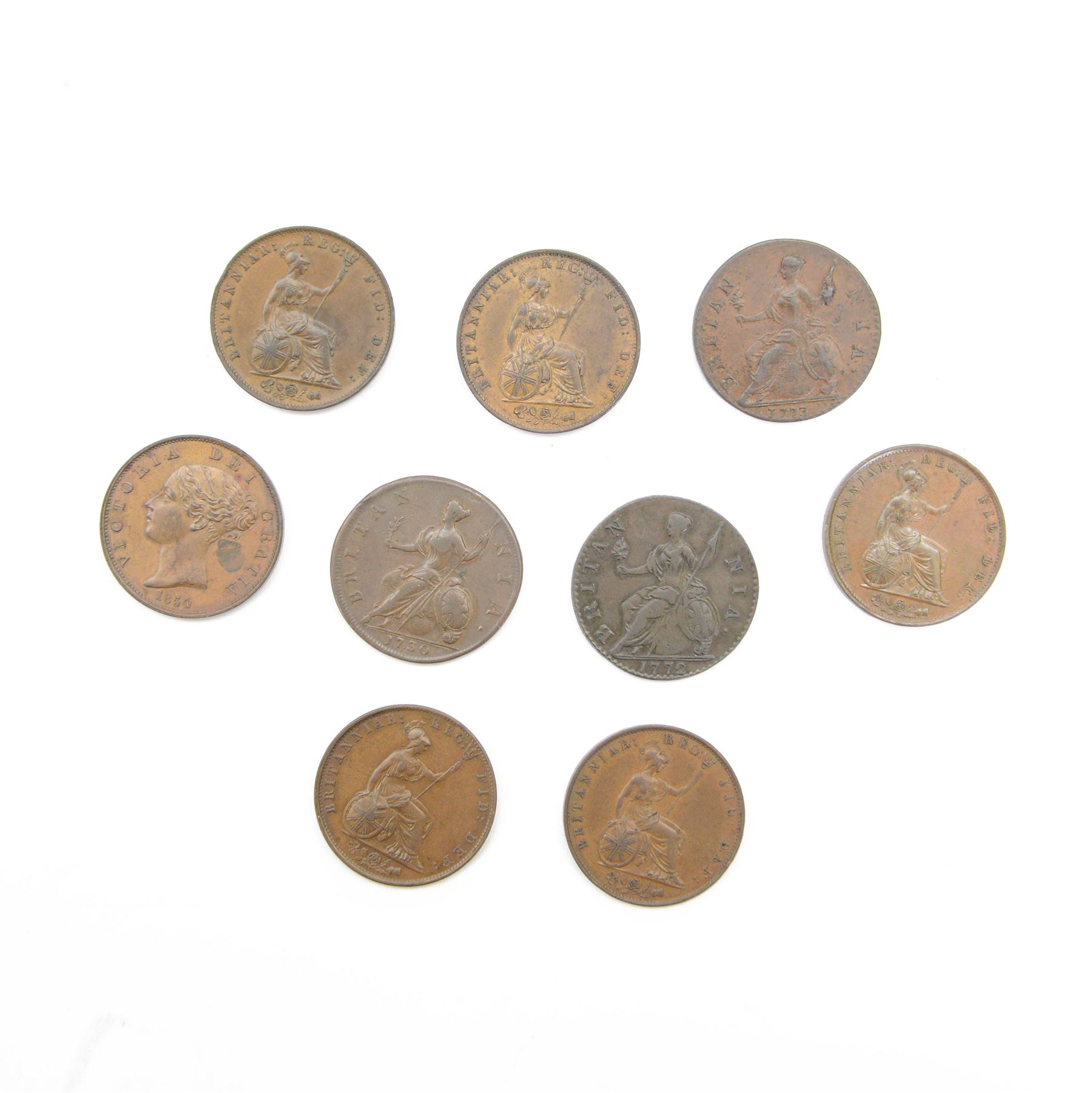 Nine halfpenny coins, dated George II 1730, George III 1772, 1773, Queen Victoria 1853, 1854, 1855, 1856, 1857 and 1859