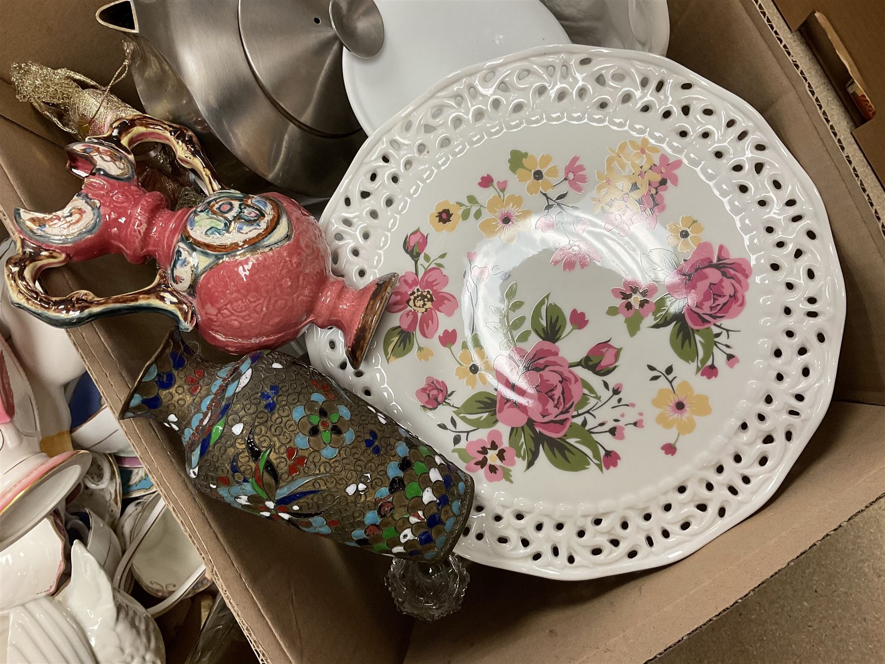 Nao vase in the form of a swan, together with various tea wares including 19th century and later tea cups and saucers, Royal Worcester coffee pot, without lid and other collectables, in two boxes 