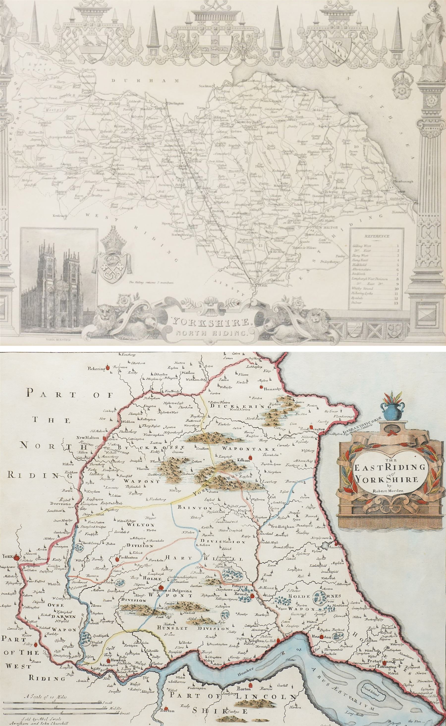 Robert Morden (British c.1650-1703): 'The East Riding of Yorkshire', 17th/18th century engraved map with hand-colouring 36cm x 43cm; Thomas Moule (British 1784-1851): 'Yorkshire North Riding', 19th century engraved map 21cm x 27cm (2)