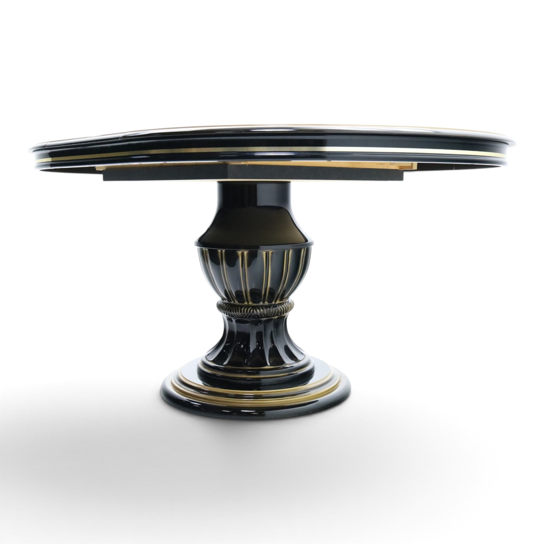 Italian Neoclassical inspired ebonised gloss dining table with four matching chairs,  circular top with additional leaf (Extends to  145cm) with Greek key banding, on a shaped pedestal base with gilt highlights and stepped plinth, the chairs en suite with padded back and seat with Greek key, reeded front supports