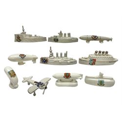 Ten WW1 crested china military models comprising submarine, four ships including Lusitania, four Zeppelins/balloons and an aircraft; various makers including Arcadian China, Swan China, Carlton China, Waterfall, Grafton China etc; various crests including Saint Neots, Great Yarmouth, Tewksbury, Swanage, Simons Town, Hull etc (10)