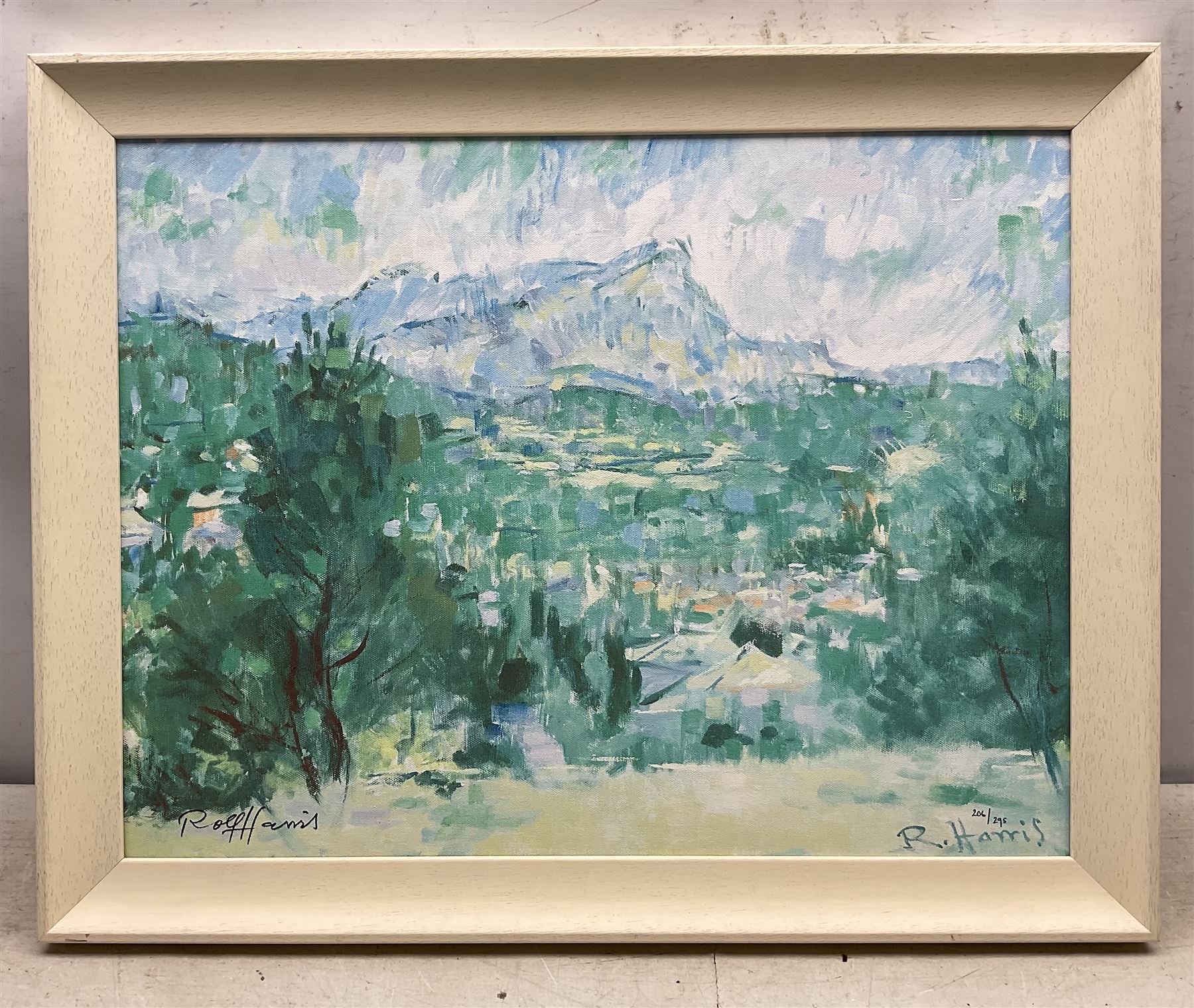 Rolf Harris (Australian 1930-): 'Mending the Nets' 'Mont Sainte Victoire - Homage to Cezanne' and 'Christmas Eve in the Snow', three limited edition giclee prints signed and numbered 53/295, 206/295 and 145/196, max 44cm x 60cm (3)