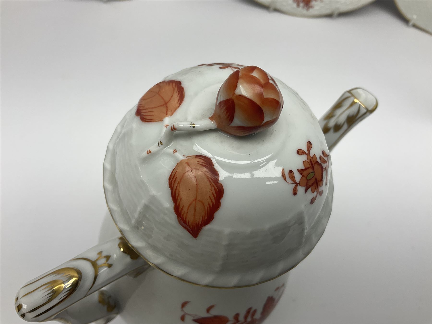 Herend Chinese Bouquet Rose pattern tea service comprising teapot, coffee pot, open sucrier, six cups and saucers, six tea plates, cream jug and stand, milk jug, two teabag holders, preserve pot, two leaf shaped dishes, four egg cups, salt & pepper pots, pair side plates and another plate