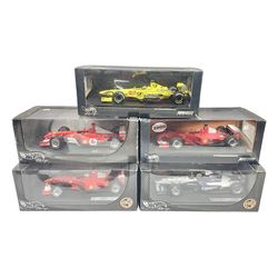  Five Mattel Hot Wheels 1:18 scale die-cast racing cars - Ferrari F1-2000 Michael Schumacher; Ferrari F-2002 Michael Schumacher; Jordan E-110 Heinz-Harald Frentzen; Williams F1 Team FW23Juan Pablo Montoya; and Ferrari F2001 Rubens Barrichello; all boxed (5)