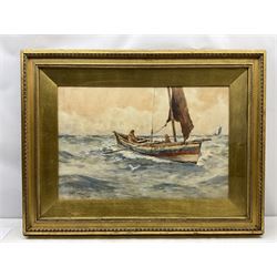 Ernest Dade (Staithes Group 1864-1934): Scarborough Coble SH120 in Open Seas, watercolour laid on canvas signed, original John Linn of Scarborough framer's label verso 50cm x 75cm
