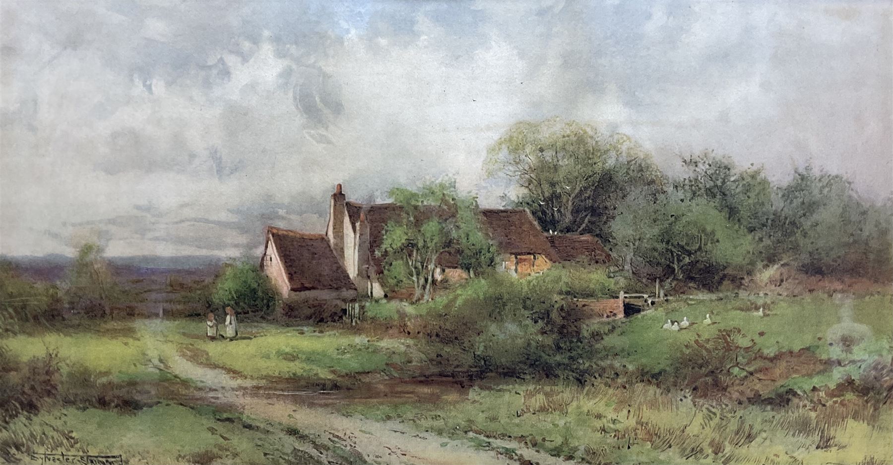 Henry John Sylvester Stannard (British 1870-1951): Ducks by a Rural Cottage, watercolour signed 29cm x 55cm