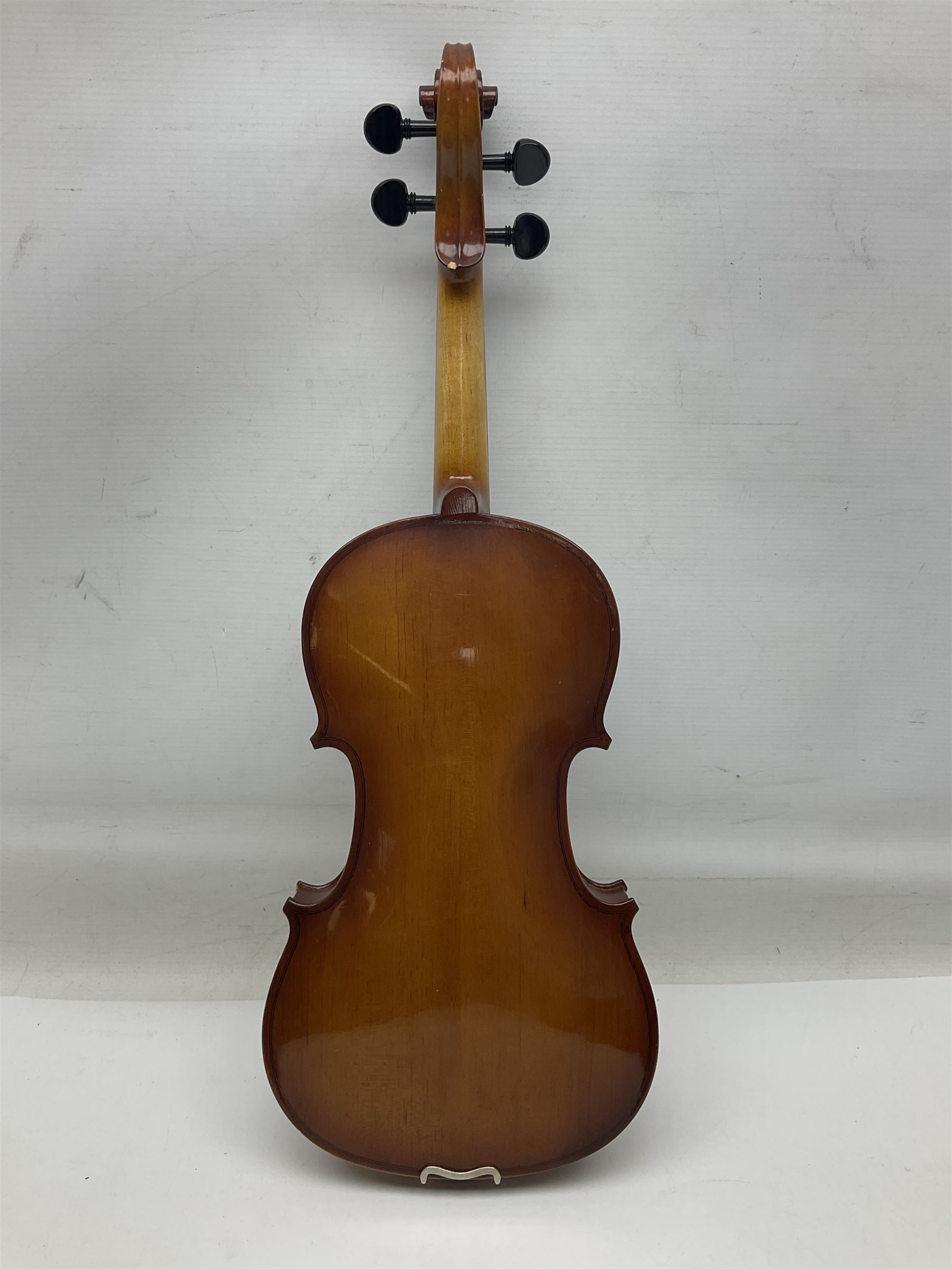 Chinese Parrot violin with 35.5cm two-piece back; L59.5cm in carrying case; and early 20th century German violin for restoration; bears label 'Antonius Stradivarius Faciebat Anno 1730'; cased with bow (2)