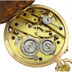 Gold open face ladies keyless cylinder fob watch stamped K14, white enamel dial with Roman numerals and gold decoration, on gold bow brooch stamped 9ct