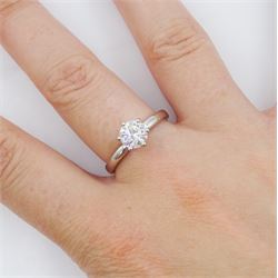 Platinum diamond ring, set with a single stone round brilliant cut diamond of approx 1.00 carat, in a six claw setting, hallmarked