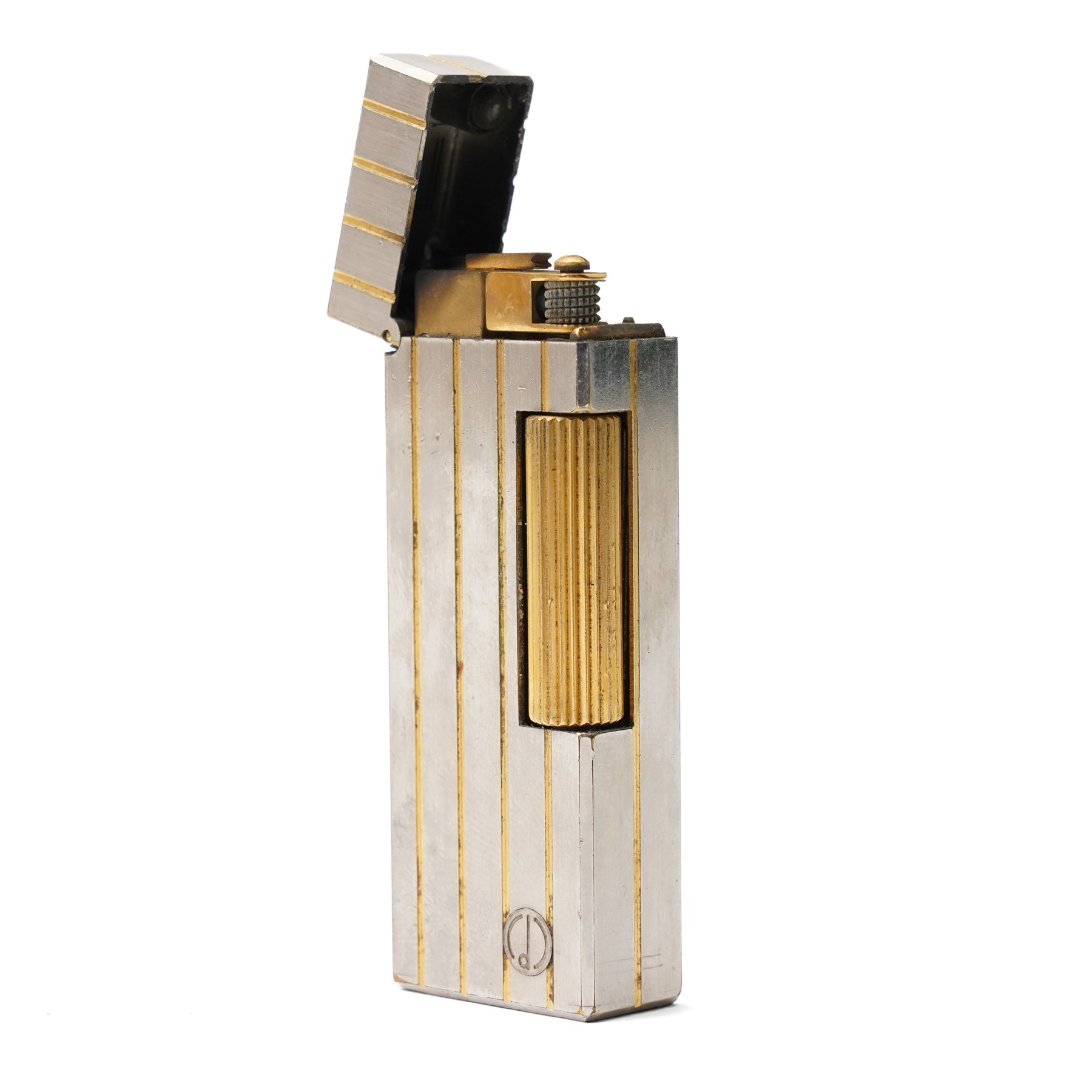 Dunhill - Rollagas lighter, silver-tone metal with gilt linear decoration and gilt ribbed thumbpiece, H6.5cm 