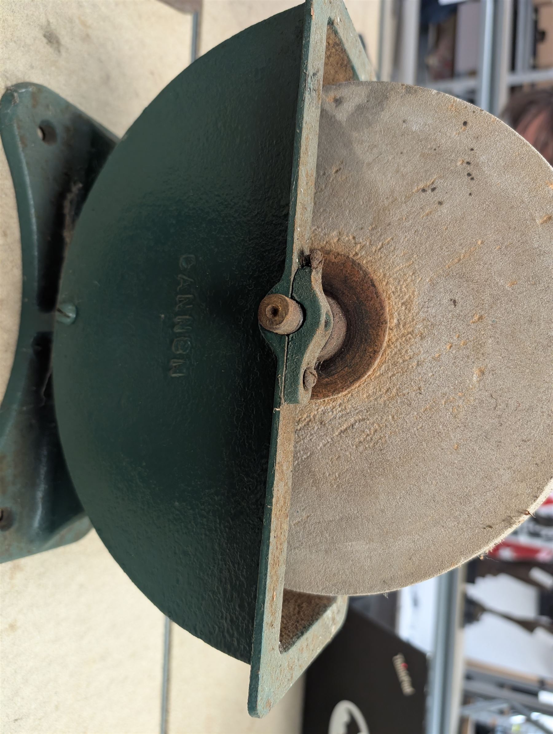 Avery Brass balance scales with weights on wooden plinth, Cannon grinding wheel, wheelwright's wooden traveller etc