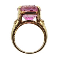 Gold flamingo pink topaz ring, with diamond set shoulders and a gold flamingo pink topaz pendant, both hallmarked 9ct