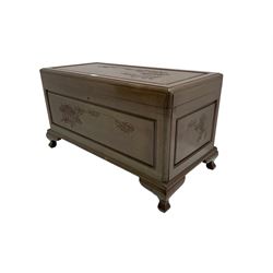 Chinese hardwood blanket chest, bamboo carved detail, hinge lid with panelled sides, raised on bracket feet