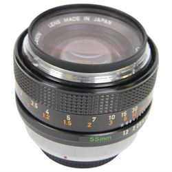 Canon FD 55mm 1:1.2 lens serial no. 20539, in carry pouch
