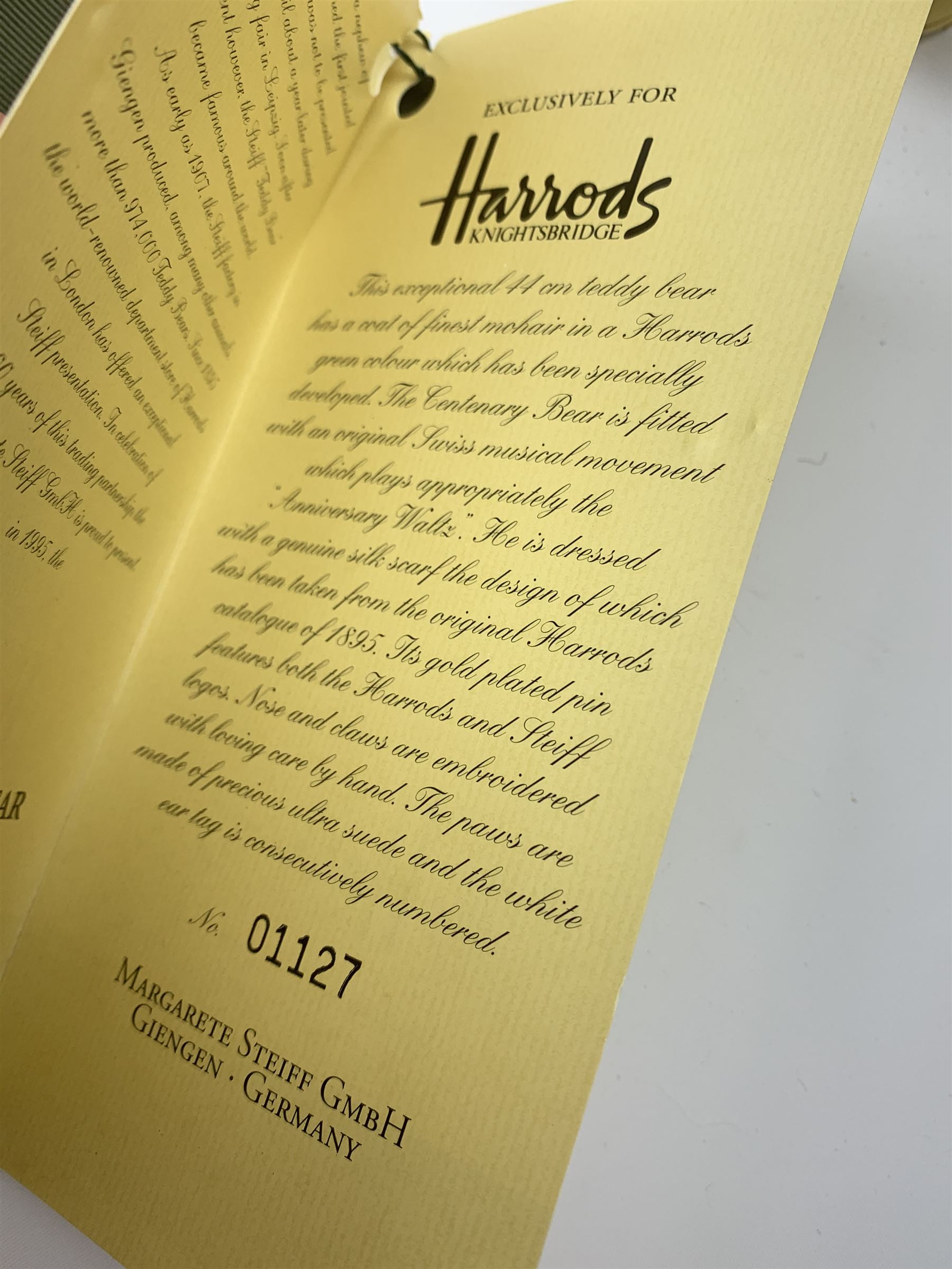 Steiff limited edition Harrods Centenary Bear No.1127/2000, with musical movement playing 'Anniversary Waltz' H17