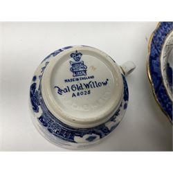 Booths Real Old Willow pattern part tea and dinner service, to include two meat platters, cake stand, teapot, two jugs, sugar bowl, sauce boat, teacups and saucers and a collection of plates and bowls