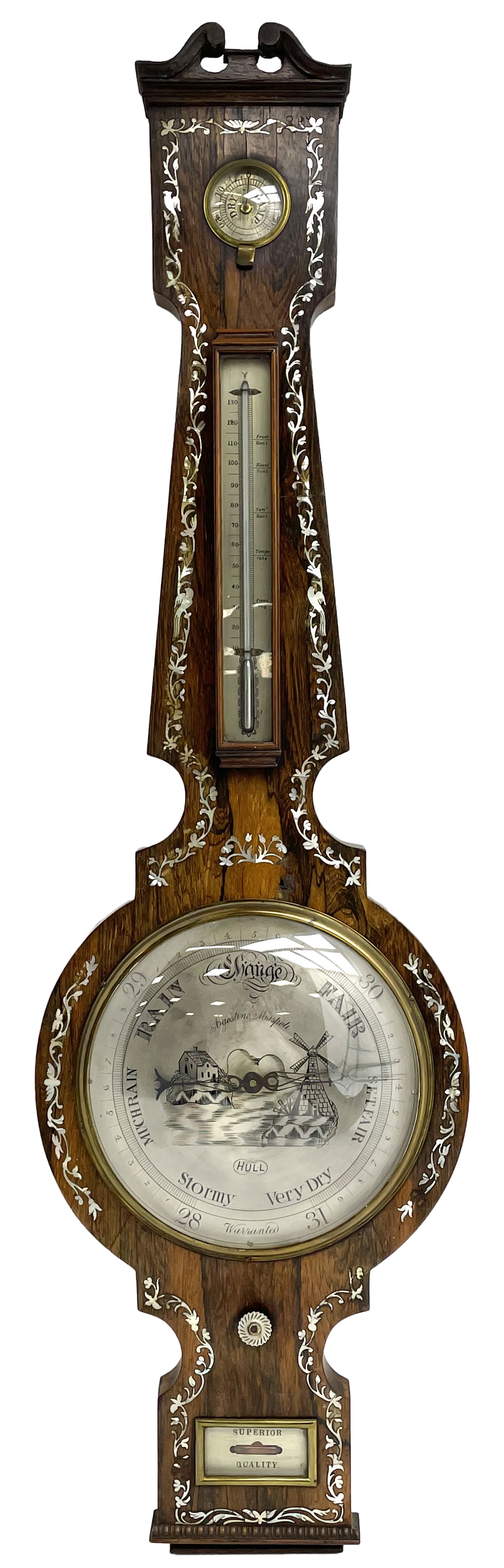 A Victorian rosewood mercury barometer with a swan’s neck pediment and