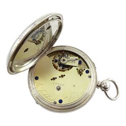 Victorian silver open face face key wound chronograph pocket watch by A. Lockhart, Whitehaven, No. 58660, white enamel dial with Roman numerals, outer seconds track numbered 25-300, case makers mark L A, London 1886