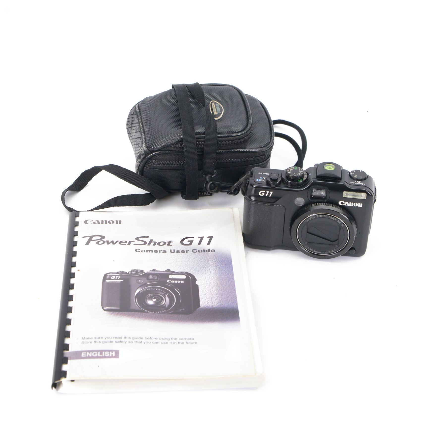 Canon PowerShot G11 digital camera serial no. 9015106423, in a soft shell case with user guide