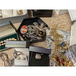 Collection of silver jewellery, including chains, brooches, bracelets and bangles, together with a collection of costume jewellery, two Skagen wristwatches and a Rotary Elite watch