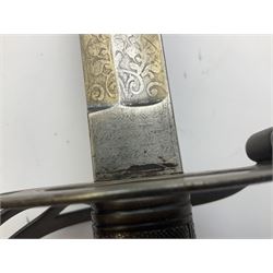 Victorian light infantry officers sword with 83cm steel single fullered blade with etched detail including light infantry bugle and crowned VR cypher with makers details for W. Todd & Co Queen Street Norwich; half basket steel hilt with crowned bugle cypher and wire-bound fish-skin grip; in steel scabbard