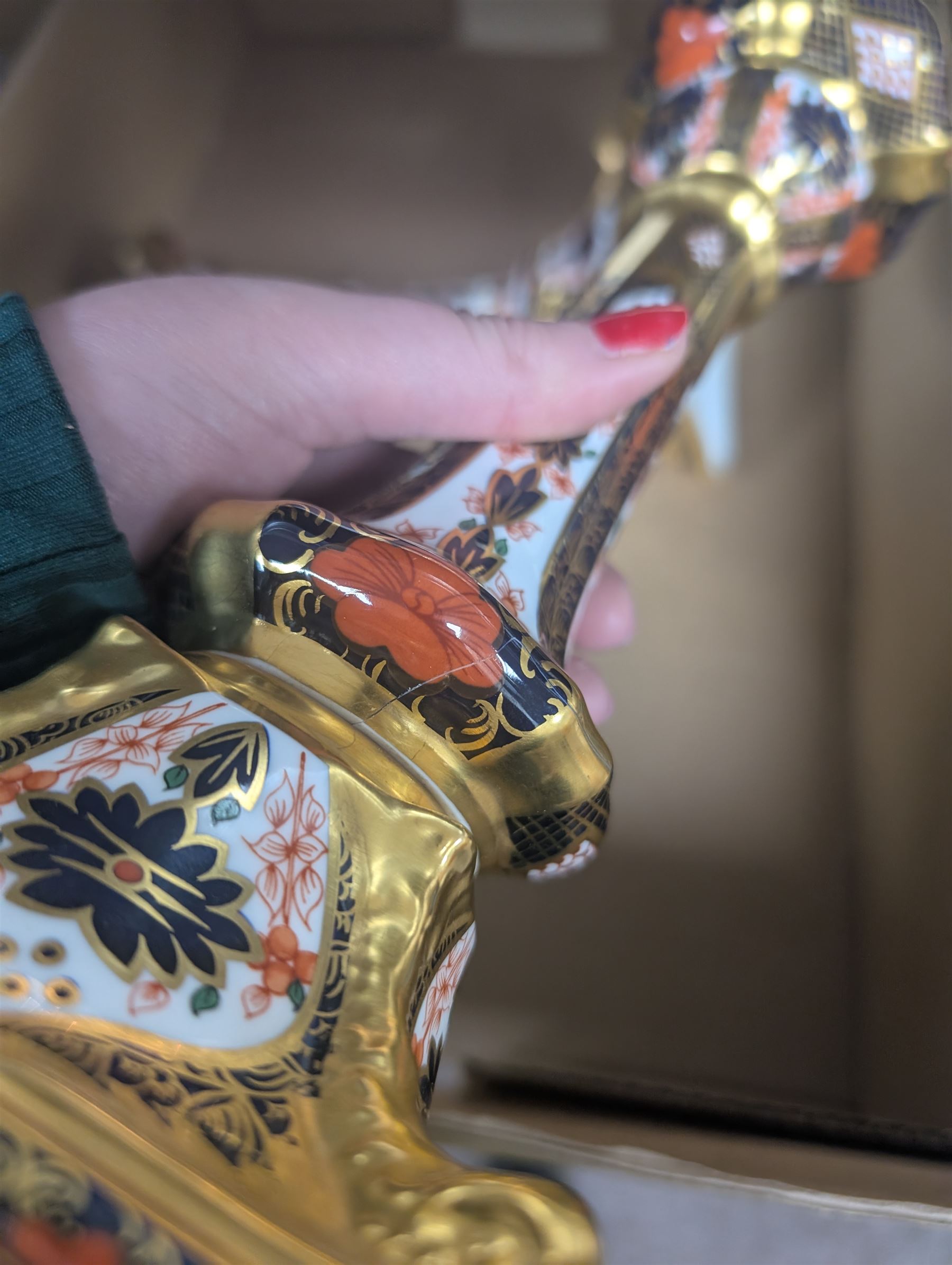 Pair of Royal Crown Derby Imari Pattern Candlesticks, numbered 1128, H27cm