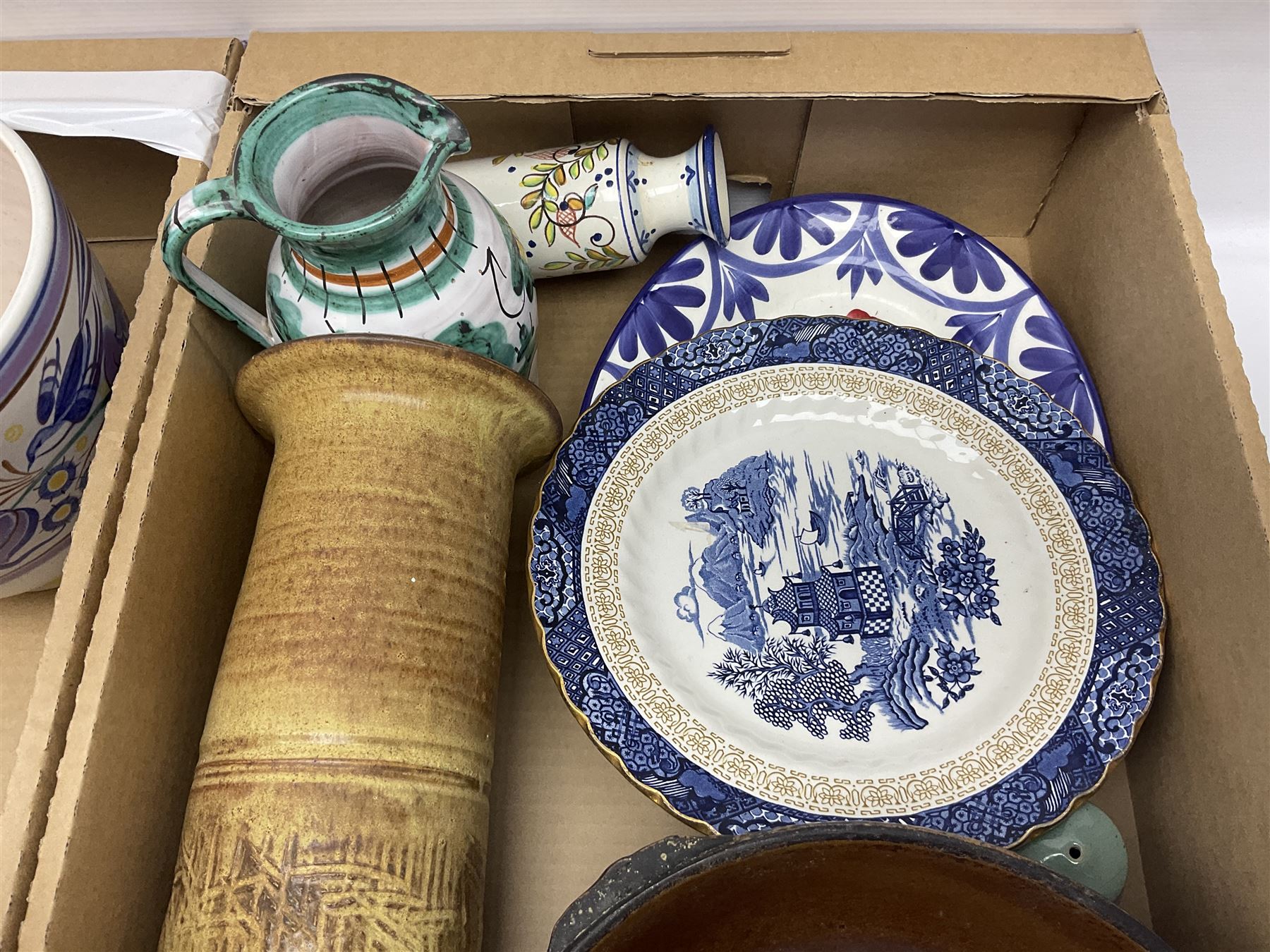 Portmeirion Botanic Garden jug, Poole Pottery planter, Denby coffee pot, Wedgwood Jasperware trinket box, Le Creuset oven dish and a collection of other ceramics, etc, in four boxes 