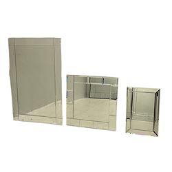 Five frameless multi-pane bevelled wall mirrors, various sizes