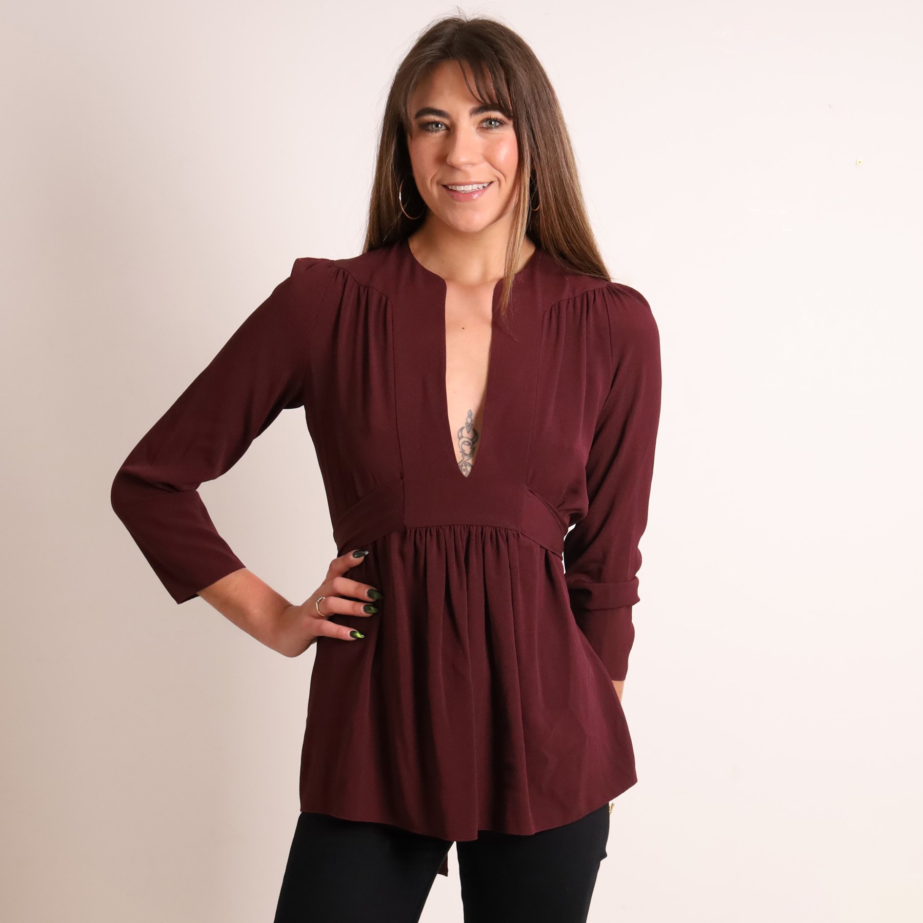 Prada - burgundy silk-blend blouse, with wide rounded collar, deep V-neck, long sleeves, gathered shoulders and waist, and self-tie belt, made in Italy, size IT 42