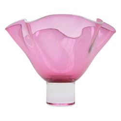 Gillies Jones of Rosedale, pink glass vase with crimped white rim on a pedestal foot, signature to base D15cm H10cm