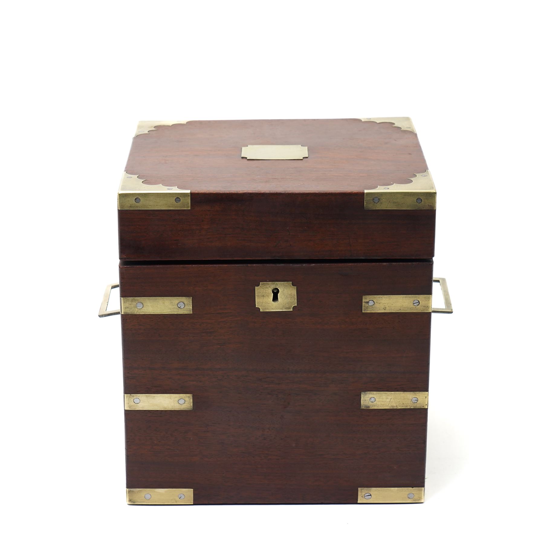 Victorian mahogany brass bound campaign style decanter box, with twin brass countersunk handles, containing four decanters, H23cm 